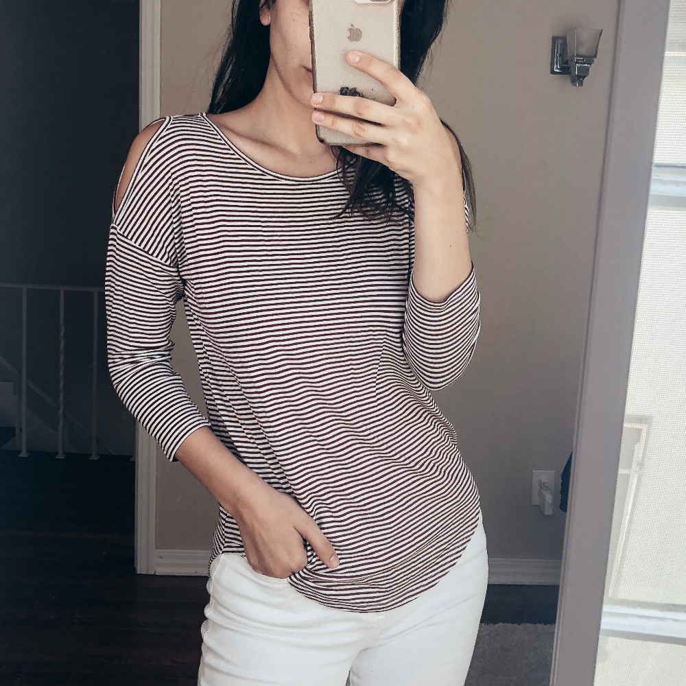 Striped cold shoulder detail hi-low top
